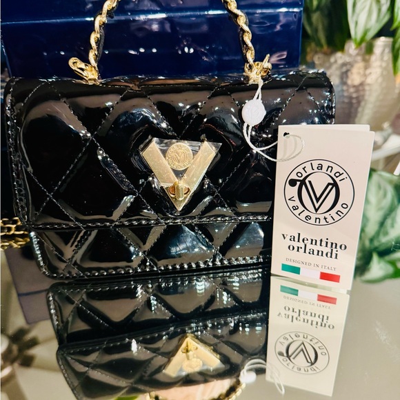 Valentino Orlandi Black Quilted Mini Bag with Gold Chain in Patent - Picture 5 of 6